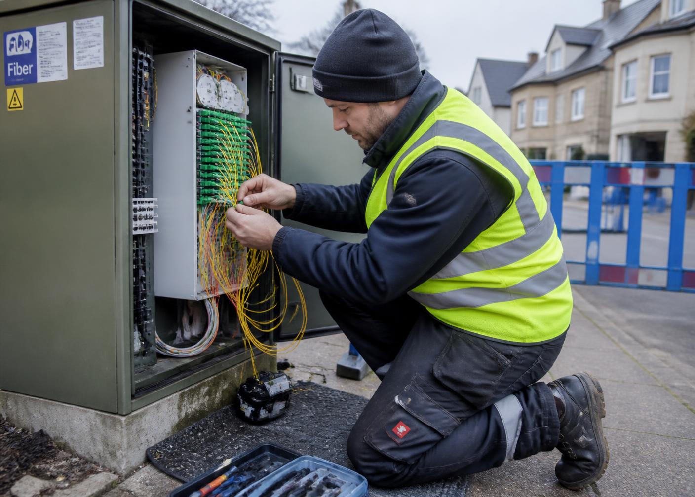 Terreintechnicus bij open straatkast tijdens manuele fiber-inventarisatie